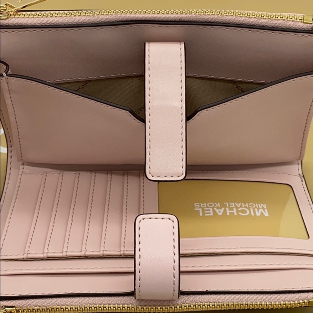 MICHAEL KORS LARGE DOUBLE ZIP WRISTLET POWDER BLUSH MULTI/ BROWN SIGNATURE - Picture 4 of 16
